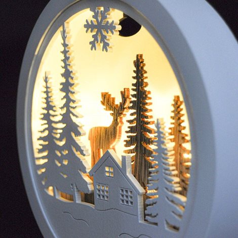 1V223-A LED dekorativní obrázek, les, chata, jelen, kulatý, 2xAA 2