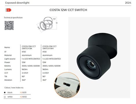 Costa přisazené bodové svítidlo LED 12W 720lm 3000/4000/6000K CCT IP20, černá 2