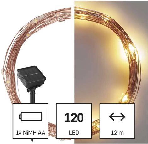 D3ZW01 LED nano řetěz se solárním panelem, měděný, 12 m, venkovní i vnitřní, teplá bílá, časovač 3