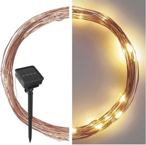 D3ZW01 LED nano řetěz se solárním panelem, měděný, 12 m, venkovní i vnitřní, teplá bílá, časovač 9