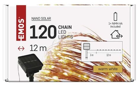 D3ZW01 LED nano řetěz se solárním panelem, měděný, 12 m, venkovní i vnitřní, teplá bílá, časovač 10