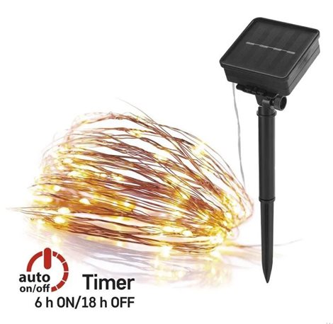 D3ZW01 LED nano řetěz se solárním panelem, měděný, 12 m, venkovní i vnitřní, teplá bílá, časovač 13