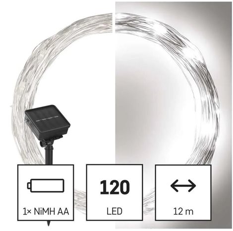 D3ZC01 LED nano řetěz se solárním panelem, 12 m, venkovní i vnitřní, studená bílá, časovač 3