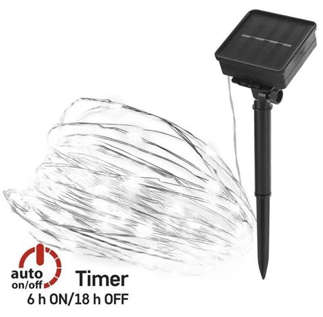 D3ZC01 LED nano řetěz se solárním panelem, 12 m, venkovní i vnitřní, studená bílá, časovač 11