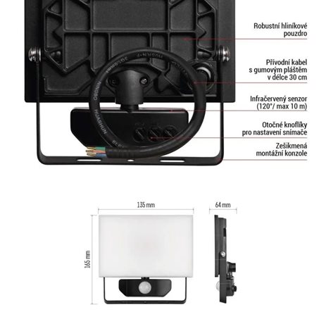 LED Reflektor TAMBO PIR ZS2922 13,5x6,4x16,5cm 20W 2000lm 4000K IP54 12