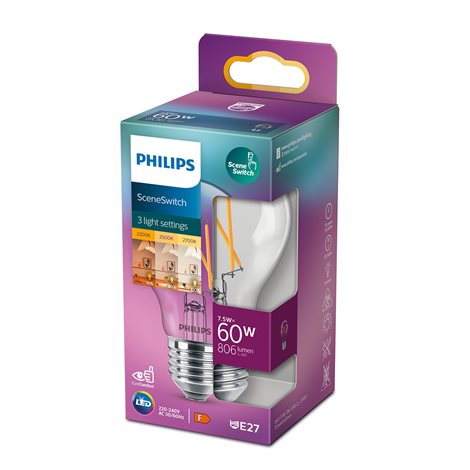 LED Classic SceneSwitch 60W A60 E27 WW CL ND LED Žárovka 7,5/3/1,6W 806/320/150lm 2