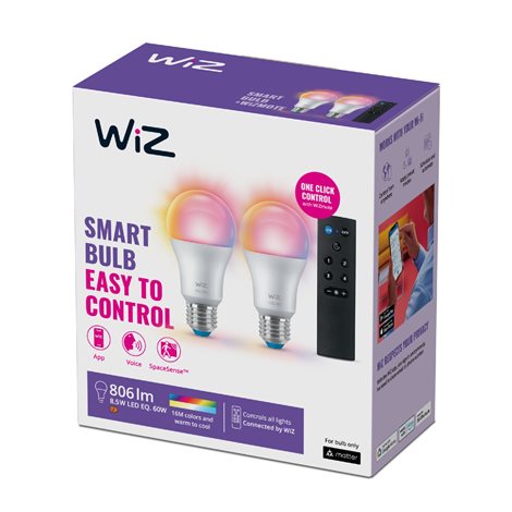WiZ SET 2x LED žárovka E27 A60 8W (60W) 806lm 2200-6500K RGB IP20, stmívatelná + ovladač 3
