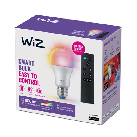 WiZ SET 1x LED žárovka E27 A60 8W (60W) 806lm 2200-6500K RGB IP20, stmívatelná + ovladač 3
