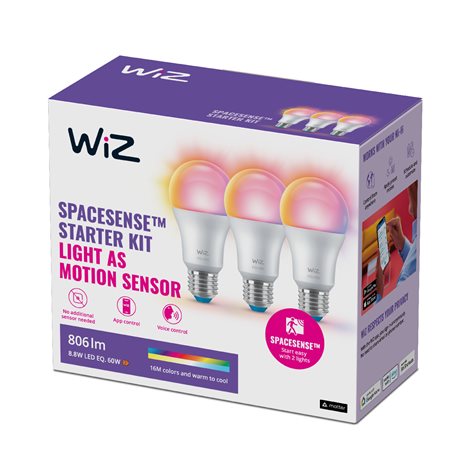 WiZ SET 3x LED žárovka E27 A60 8,8W 806lm 2200-6500K RGB IP20, stmívatelná 2