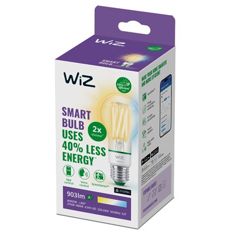 WiZ LED filament žárovka E27 A60 4,3W 903lm 2700-4000K IP20, stmívatelná 2
