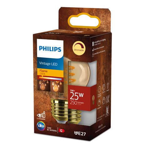 LED filament žárovka E27 P45 3W (25W) 250lm 2200K stmívatelná, jantarová 2