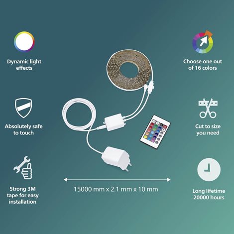 LED pásek Philips RGB, s ovladačem, 15m, AC 220–240, IP20 4