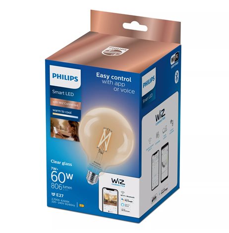 WiZ Smart LED Kulová žárovka Filament čirá 7 W (ekv. 60 W) 806lm 2700-6500K G125 E27 4
