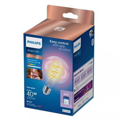 WiZ Smart LED Žárovka s tradičním vzhledem, čirá, 40 W 470lm 2200-6500K (RGB) G95 E27 3