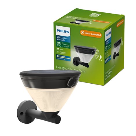 Kyna solární nástěnná zahradní lampa 3,8W 27K černá se senzorem 5