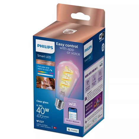 WiZ Smart LED Žárovka s tradičním vzhledem, čirá, 40 W 470lm 2200-6500K (RGB) ST64 E27 3