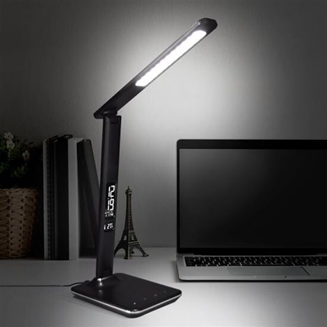 WO45-B LED stolní lampička s displayem, 9W, volba teploty světla, kůže, černá 8