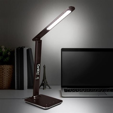 WO45-H LED stolní lampička s displayem, 9W, volba teploty světla, kůže, hnědá 7