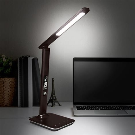 WO45-H LED stolní lampička s displayem, 9W, volba teploty světla, kůže, hnědá 7