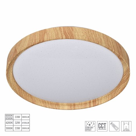 WOODEN stropní svítidlo LED 33W 3500-4100lm 3000-6500K CCT 39,5cm IP20, dřevěný dekor + ovladač 1